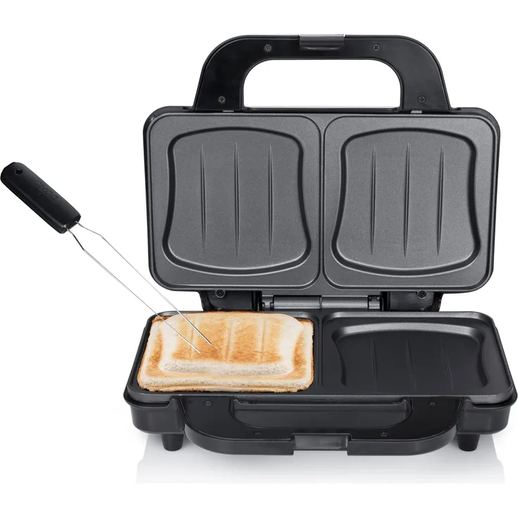 Tristar SAS3060 Sandwichtoaster XXL, 2 Sandwiches, 900 Watt, inkl. Gabel, Anti-Rutsch-Füße, Überhitzungsschutz, silber, schwarz