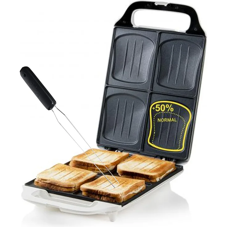 Domo DOS9064C Sandwichtoaster XXL, 4er Toaster, 1800 Watt, inkl. Gabel, Kabelaufwicklung, Temperaturkontrolle, Anti-Rutsch-Füße, Überhitzungsschutz, weiß