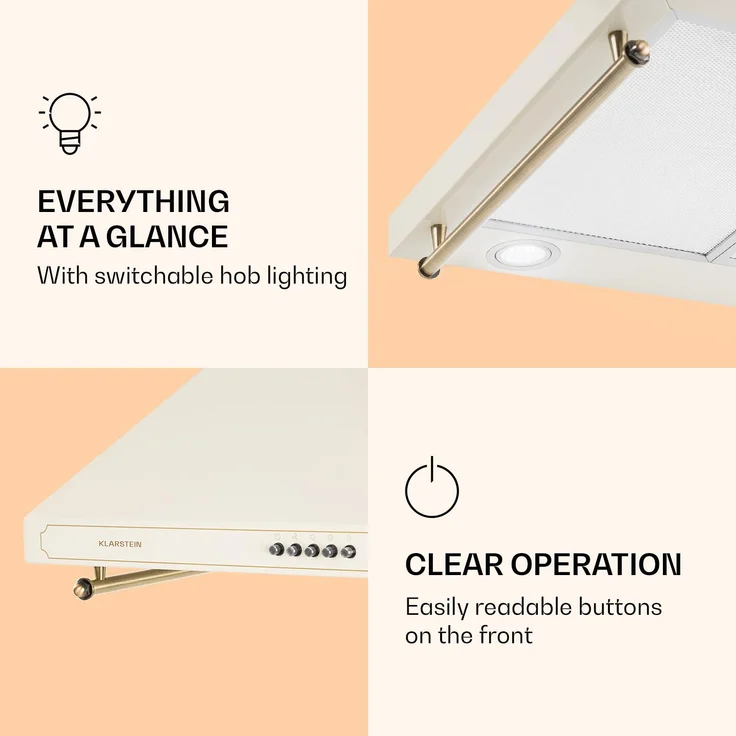 Klarstein Victoria Dunstabzugshaube 60cm Retro-Design 644,5m³-h 2 LED-Lampen Elfenbein – Bild 4