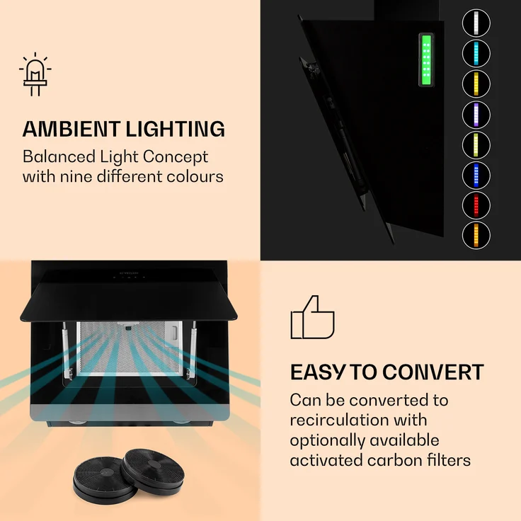 Klarstein Aurora 60 Dunstabzugshaube 60cm kopffrei Ambientelicht EEC A+ schwarz – Bild 4