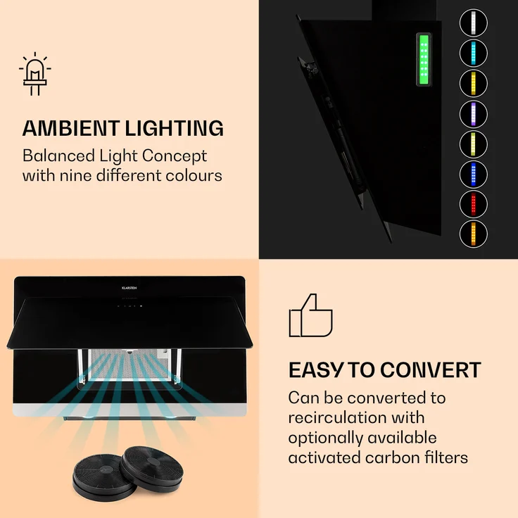 Klarstein Aurora 90 Dunstabzugshaube 550 m³-h 90cm kopffrei Ambientelicht EEC A+ schwarz – Bild 4