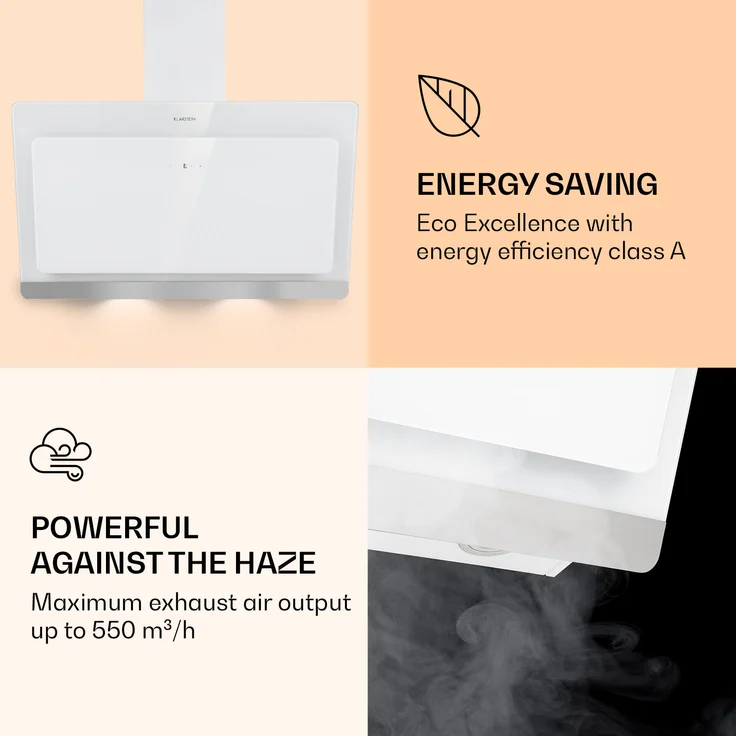 Klarstein Aurora Eco 90 Dunstabzugshaube 550 m³-h 90cm kopffrei Ambientelicht EEC A+ Weiß – Bild 3
