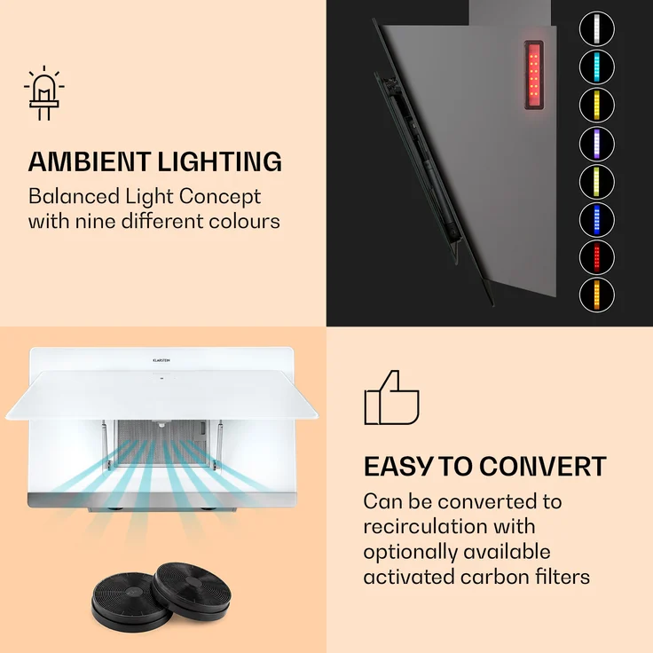 Klarstein Aurora Eco 90 Dunstabzugshaube 550 m³-h 90cm kopffrei Ambientelicht EEC A+ Weiß – Bild 4