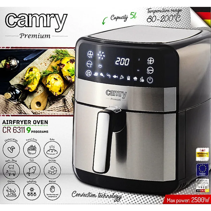 Camry CR 6311 Heißluftfritteuse, 5 Liter, 2500 Watt, 9 Programme, Temperaturregelung 80-200°C, Konvektionstechnologie, edelstahl, schwarz