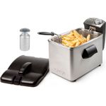 Domo DOS457FR Fritteuse, mit Öl, 2200 Watt, 3 Liter, Edelstahl, antihaftbeschichtet, Deckel, inkl. Salzstreuer, silber