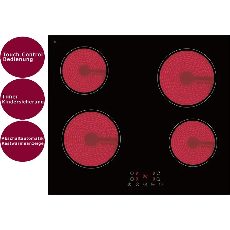 PKM Glaskeramik Kochfeld 60cm rahmenlos Touch Control Timer Funktion