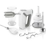 ETA 20519000 Lento Handmixer-Set, 600 Watt, 4 Geschwindigkeitsstufen, inkl. Mix- und Messbecher, Rührbesen, Schlagbesen, Knethaken, Stabmixer- und Zerkleinerer Aufsatz, Kunststoff, weiß, grau
