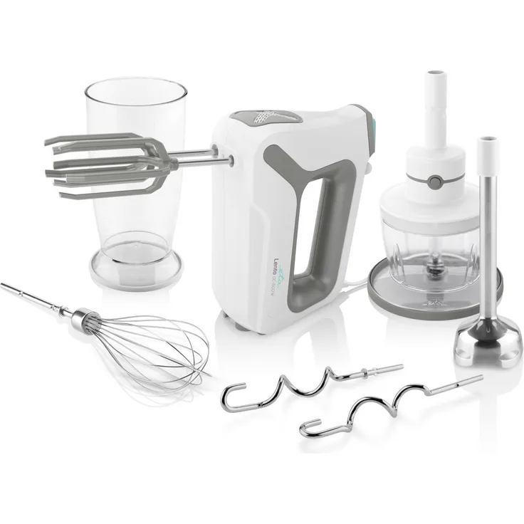 ETA 20519000 Lento Handmixer-Set, 600 Watt, 4 Geschwindigkeitsstufen, inkl. Mix- und Messbecher, Rührbesen, Schlagbesen, Knethaken, Stabmixer- und Zerkleinerer Aufsatz, Kunststoff, weiß, grau