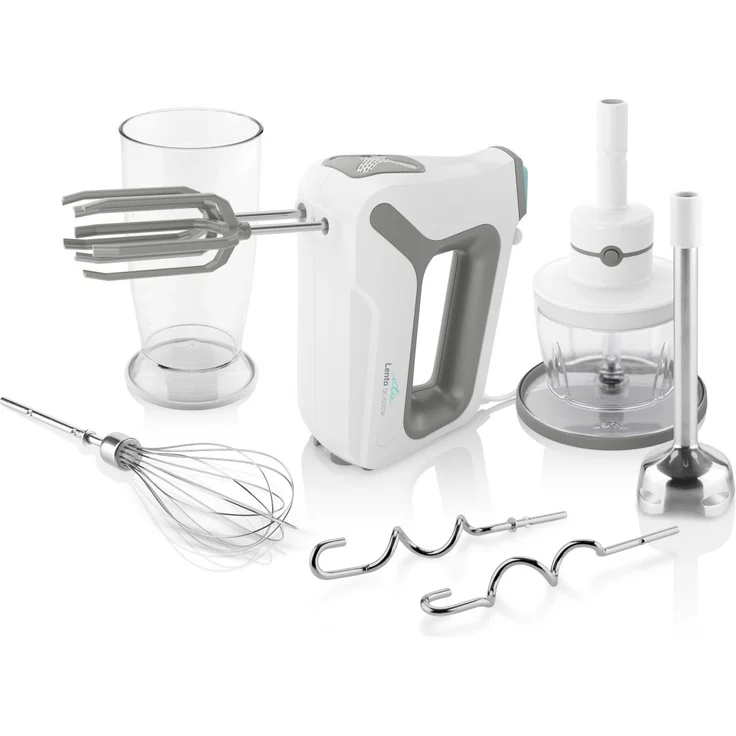 ETA 20519000 Lento Handmixer-Set, 600 Watt, 4 Geschwindigkeitsstufen, inkl. Mix- und Messbecher, Rührbesen, Schlagbesen, Knethaken, Stabmixer- und Zerkleinerer Aufsatz, Kunststoff, weiß, grau – Bild 1