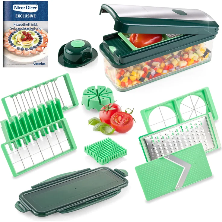 Genius Nicer Dicer Exklusive 15-teiliges Set, Küchenreibe, Gemüsehobel, grün – Bild 1