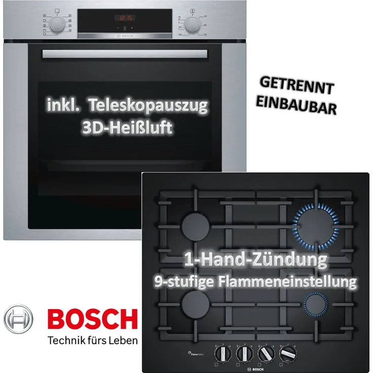 Bosch Herdset autark Backofen-Set HBA3140S0 mit Gas-Kochfeld PPP6A6B90 - 60cm, Teleskopauszug