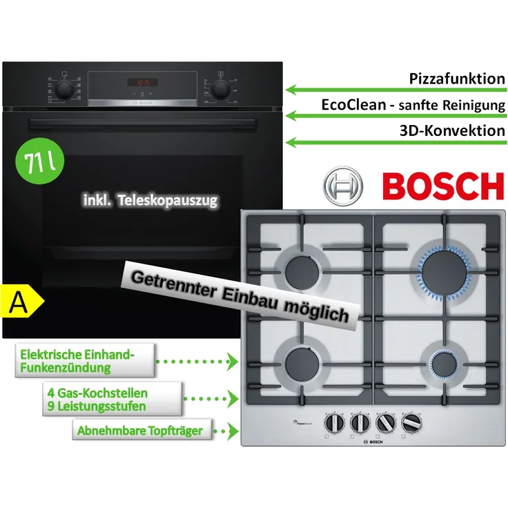 Bosch Backofen HBA534EB0 mit Gas-Kochfeld PCP6A5B90