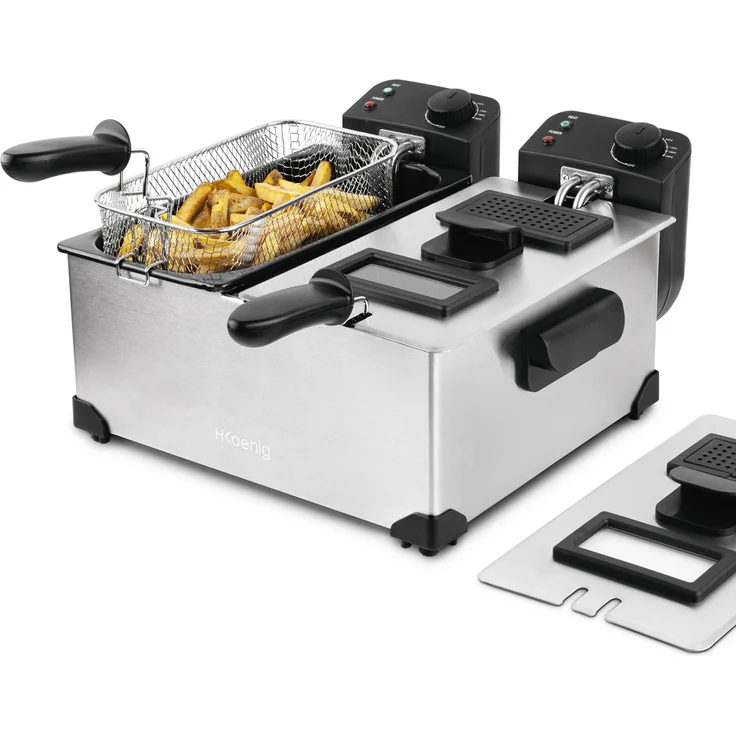 H.Koenig DFX600 Fritteuse aus Edelstahl, 3600 Watt, 2 unabhängige Thermostate je 3L, Doppelbecken, herausnehmbare spülmaschinenfeste Körbe, silber – Bild 1