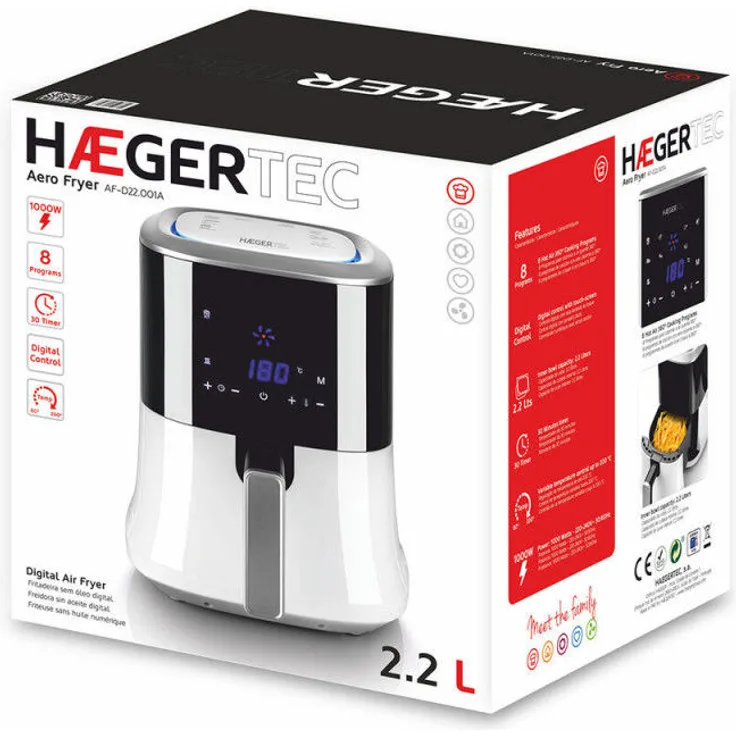 Haeger Aero Fryer Heißluftfritteuse, 1000 Watt, 2,2 L, 30 Minuten Timer, wseiß