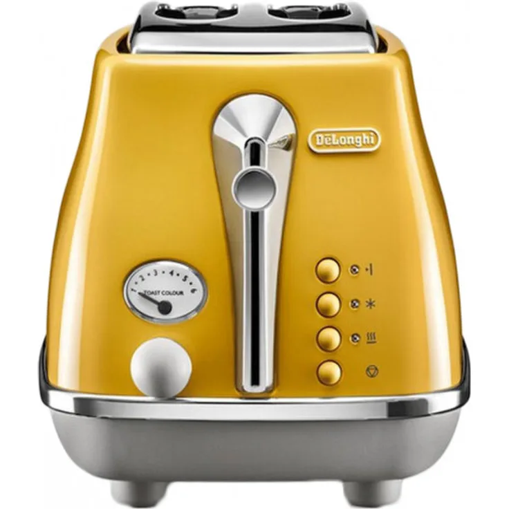 De'Longhi Icona Capitals CTOC 2103.Y 2-Schlitz-Toaster, 900 Watt, 6 Bräunungsstufen, inkl. Krümelschublade, Sandwichzange, gelb