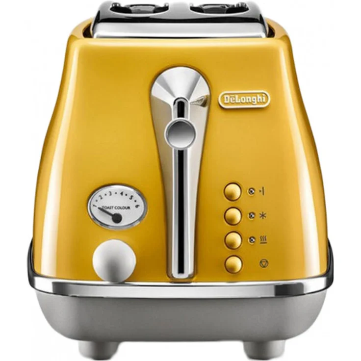 De'Longhi Icona Capitals CTOC 2103.Y 2-Schlitz-Toaster, 900 Watt, 6 Bräunungsstufen, inkl. Krümelschublade, Sandwichzange, gelb