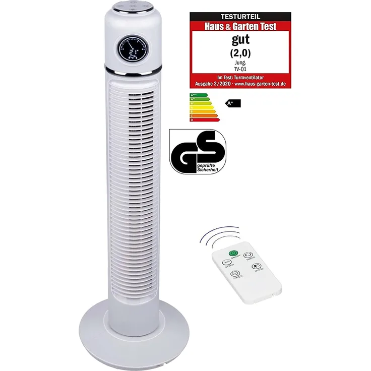 JUNG Turmventilator TVE26 - Ventilator 74cm mit Fernbedienung + 12Std Timer weiß, 3 Geschwindigkeitsstufen & 3 Schwenkstufen, 75° Oszillation, FÜR RÄUME BIS 40 m² geeignet, 40 W Leistung, leiser Betrieb, Säulenventilator mit Tragegriff, fester Stand dank b