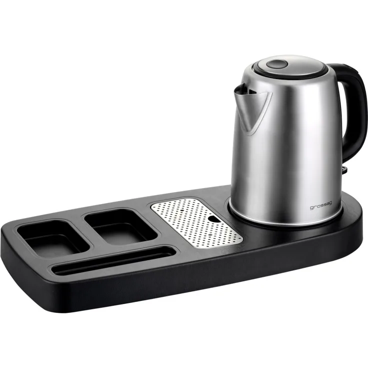 Grossag WT 100 & WK 68 Wasserkocher, 1,2 l, 2200 W, inkl. welcome-Tray aus schwarzem ABS-Kunststoff mit Holzstruktur, silber, schwarz