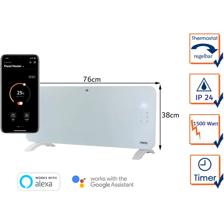 PRINSS Konvektor, 1500 W, Smartes Flächenheizgerät Glaskörper Konvektor Elektroheizung Zusatzheizung Raumheizung Beistellheizung Weiß 76cm breit 1500Watt, Konvektor
