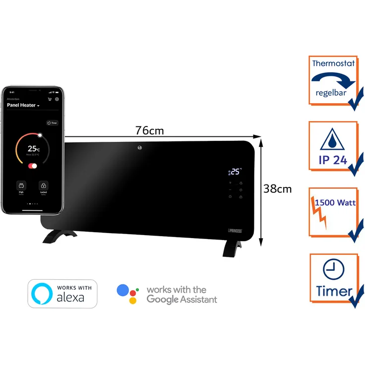 PRINSS Konvektor, 1500 W, Design Flach-Heizkörper aus Glas Elektroheizung Zusatzheizung in Schwarz 76cm breit, Konvektor