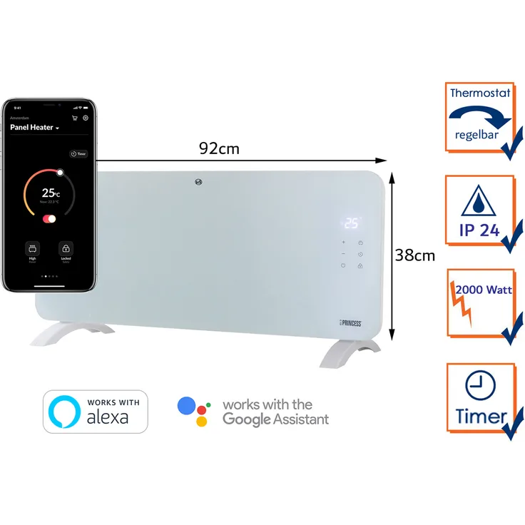 PRINSS Konvektor, 2000 W, Smartes Flächenheizgerät Glaskörper Elektroheizung Zusatzheizung Raumheizung Beistellheizung Weiß 92cm breit, Konvektor