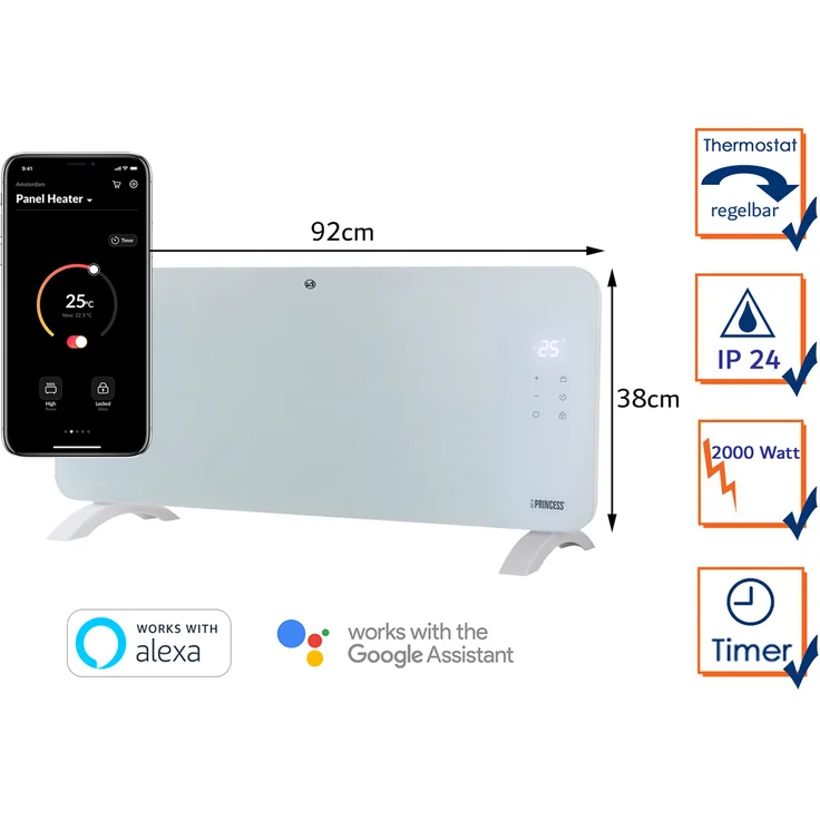 PRINSS Konvektor, 2000 W, Smartes Flächenheizgerät Glaskörper Elektroheizung Zusatzheizung Raumheizung Beistellheizung Weiß 92cm breit, Konvektor