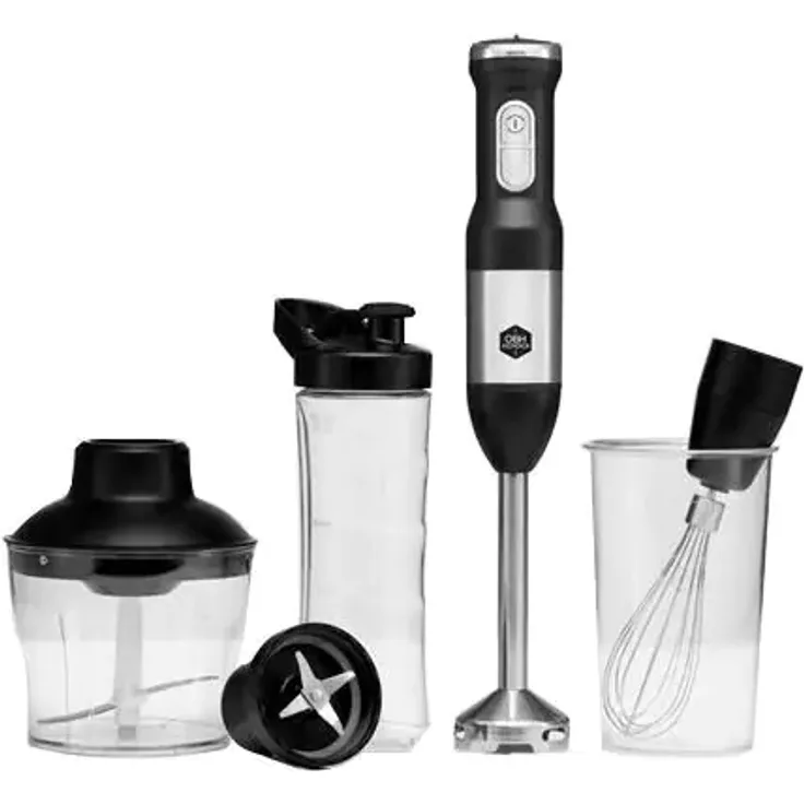 OBH Nordica 7713 Stabmixer, 850 Watt, 0,7 Liter, inkl. Schneebesen, Mixbehälter, To-Go-Flasche, Zerkleinerer-Aufsatz, schwarz, silber