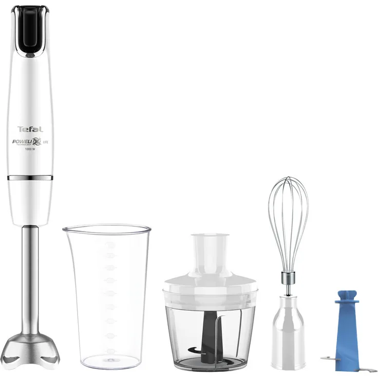 Tefal HB9441 InfinyForce 4-in-1 Stabmixer, 1000 Watt, stufenlose Geschwindigkeitsregelung, inkl. Schneebesen, Zerkleinerer-Aufsatz, Mixbehälter, Ice Crusher, weiß