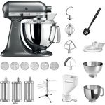KitchenAid Artisan 5KSM175PS Küchenmaschine Pasta-Paket, inkl. Pastavorsatz mit 6 Lochscheiben, Pastatrockner, Pastalöffel, 2 Rührschüsseln, Spritzschutz, Küchenmaschinenaufsatz, medaillon silber, Serie: 5KSM175PS