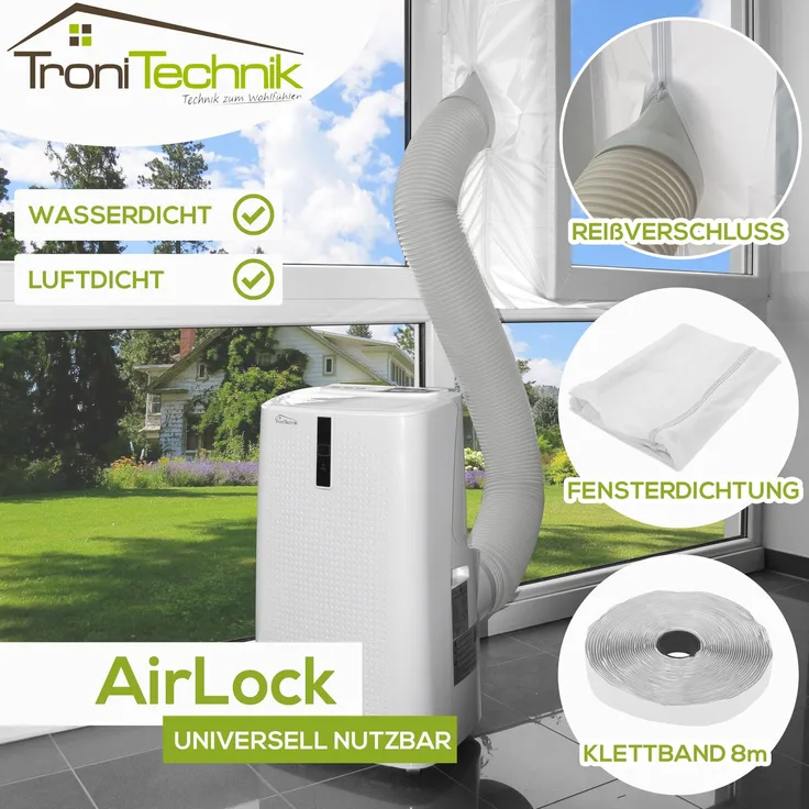 TroniTechnik AirLock Fensterabdichtung für mobile Klimageräte und Ablufttrockner Hot Air Stop 4m