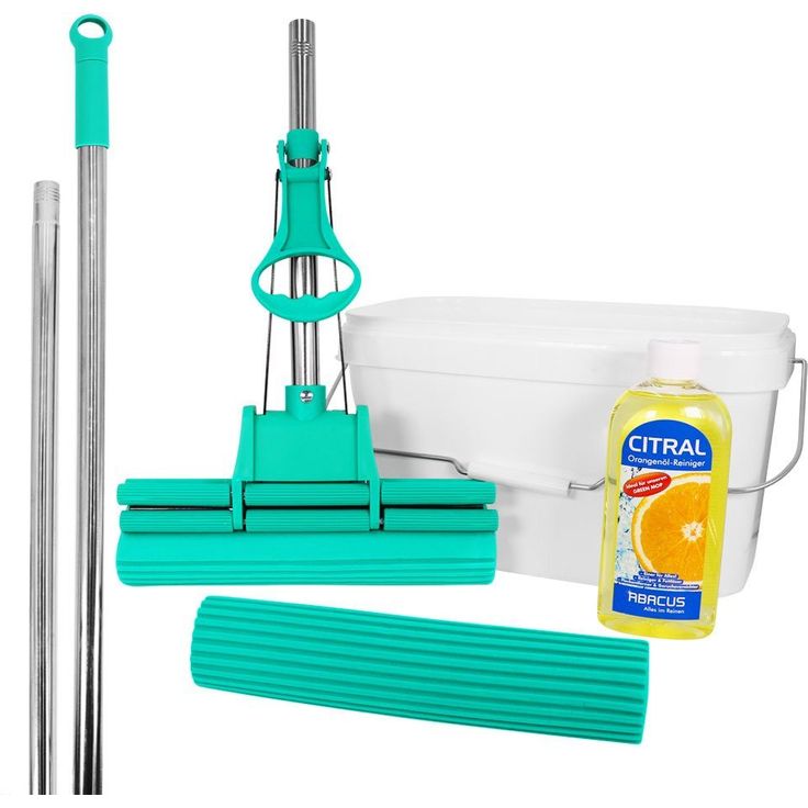 ABACUS Bodenwischer-Set »GREEN MOP« (Set, 4-St), Doppelwringer Wischmopp inkl. Ersatzschwamm, 10 L Eimer, 500 ml Orangenölreiniger