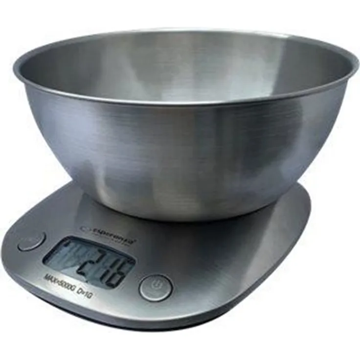 Esperanza EKS008 Küchenwaagen, 5 kg Tragkraft, 1 g Eintelung, TARA-Funktion, Überlastanzeige, Anzeige für niedrigen Batteriestand, silber