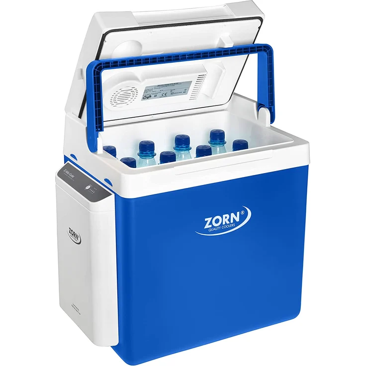 ZORN ZE26 12/230V LNE thermoelektrische Kühlbox, Energieeffizienzklasse E, 25 Liter, bis zu 7,5 Stunden Kühlen mit Akku, blau, weiß – Bild 3