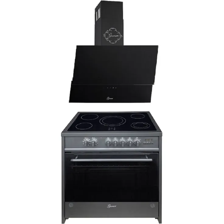 Gurari GCH E 912 BL Elektro Standherd 90 cm, Glaskeramik , Schwarz, Range Coocker+ Gurari GCH D 268 BL Prime Dunstabzugshaube 90cm , Schwarz Glas