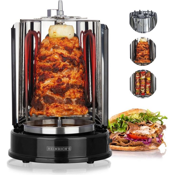 Heinrich´s Dönergrill, Schaschlikgrill, Rotissiere Hähnchengrill, Gyros Kebab, 1400 Watt, Drehspieß, aus Edelstahl, inkl. 6 Schaschlikspieße, silber, schwarz