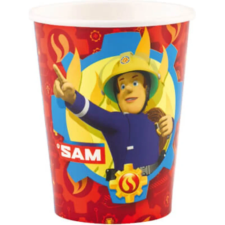 Amscan 9902176 Becher Feuerwehrmann Sam, 8 Stück, Papier, 250 ml, Pappbecher, Einwegbecher