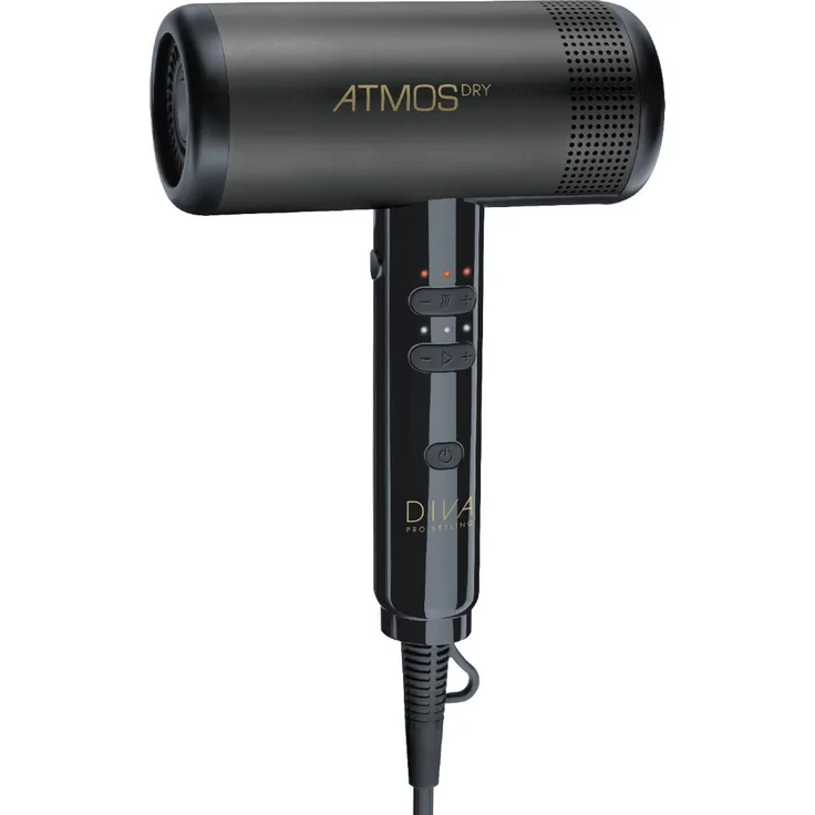 Diva Pro Atmos Haartrockner, 2000 Watt, Kaltstufe, Ionen-Technologie, DC-Motor, inkl. Diffusor, schwarz