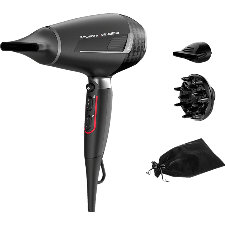 Rowenta Karl Lagerfeld Pro Stylist CV888LF0 Haartrockner, 2200 Watt, Kaltstufe, inkl. Volumendiffusor, 2 Stylingdüsen (6 mm, 9 mm), schwarz, rot