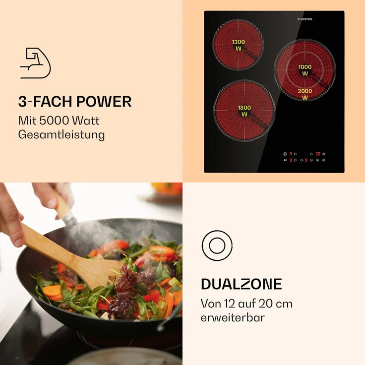 Klarstein Virtuosa 3 Slim Kochfeld, 3 Felder, 5000 W, Dualzone, Timer, Keramik, Schwarz – Bild 3