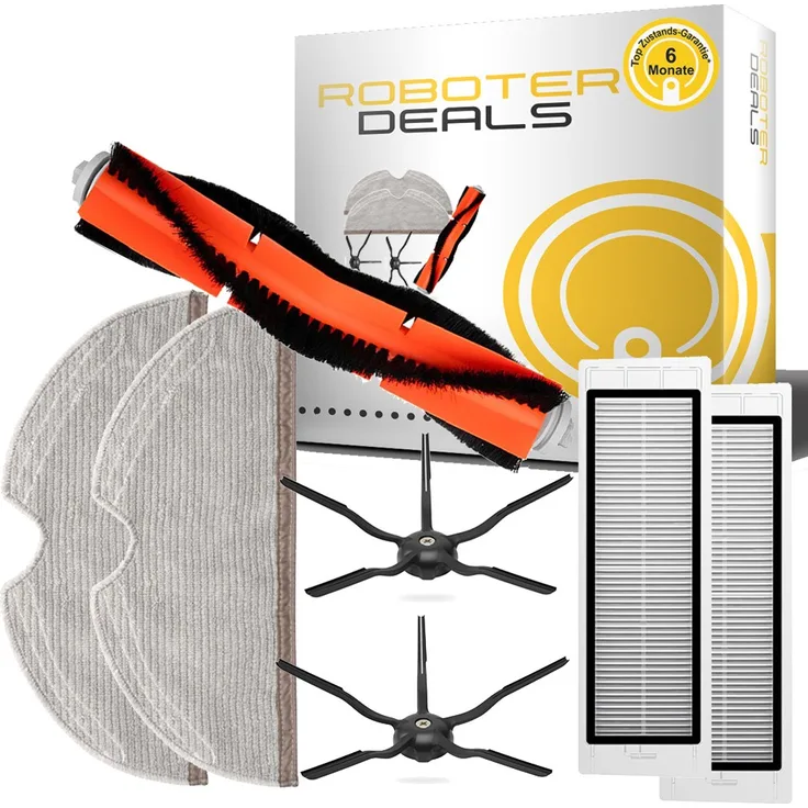 Roboter-Deals Zubehör Set für Roborock S6, S6 MAXV, S6 Pure 1x Hauptbürste, 2x Seitenbürste 5-armig schwarz, 2x Filter, 2x Pad