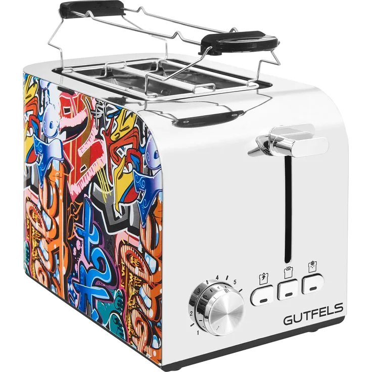 Gutfels TOAST 3010 G 2-Schlitz-Toaster, 870 Watt, Grafitti-Design, Toastzentrierung, Auftaufunktion, inox