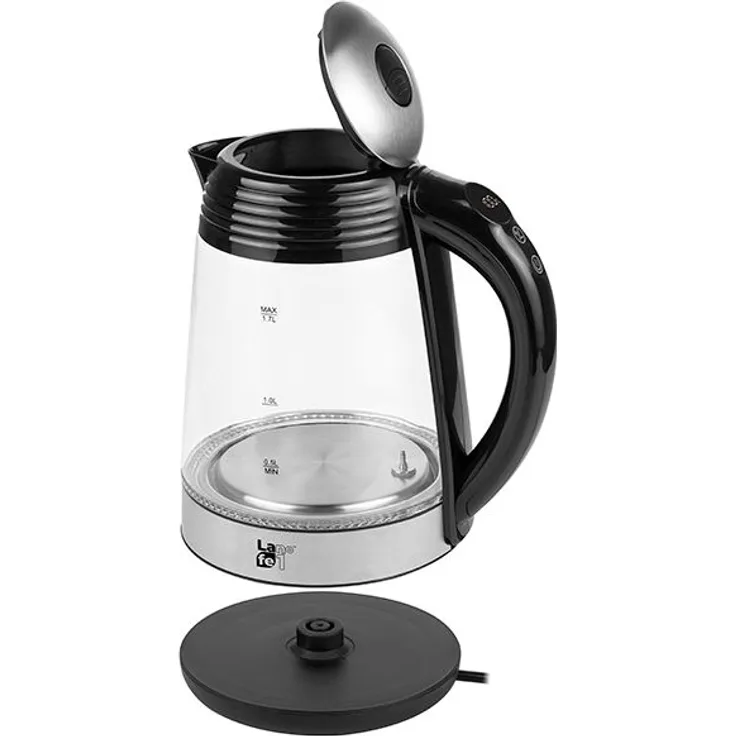 Lafe G015 Glas-Wasserkocher, 2200 Watt, Temperaturregulierung, 1,7 Liter, schwarz, silber