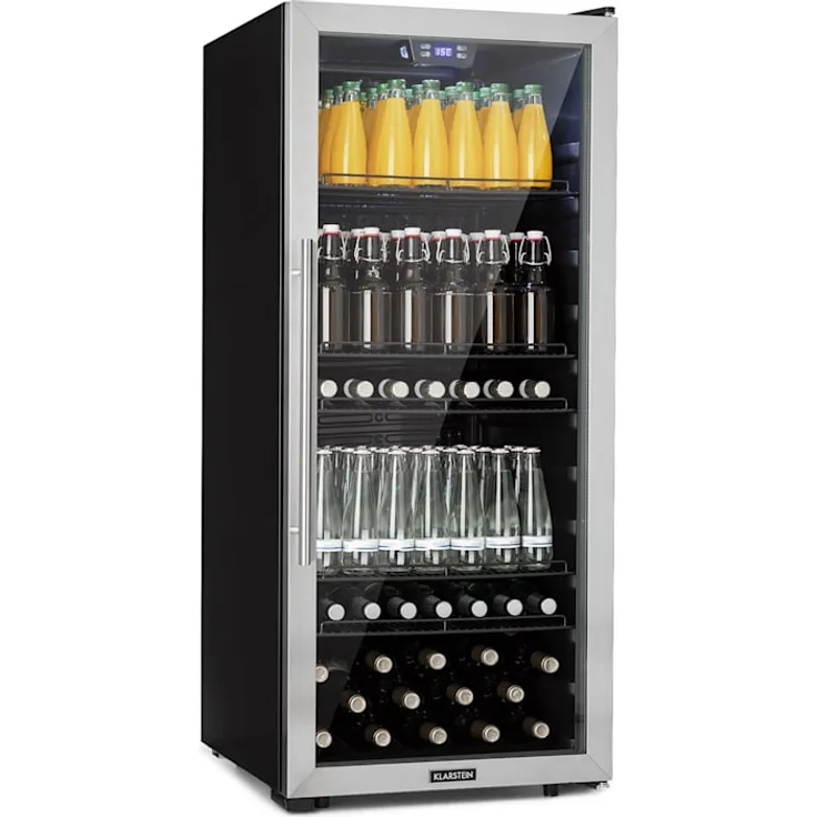 Klarstein Beersafe 7XL Getränkekühlschrank, freistehend, edelstahl onyx, 5 Böden, Panoramaglastür, Energieklasse F