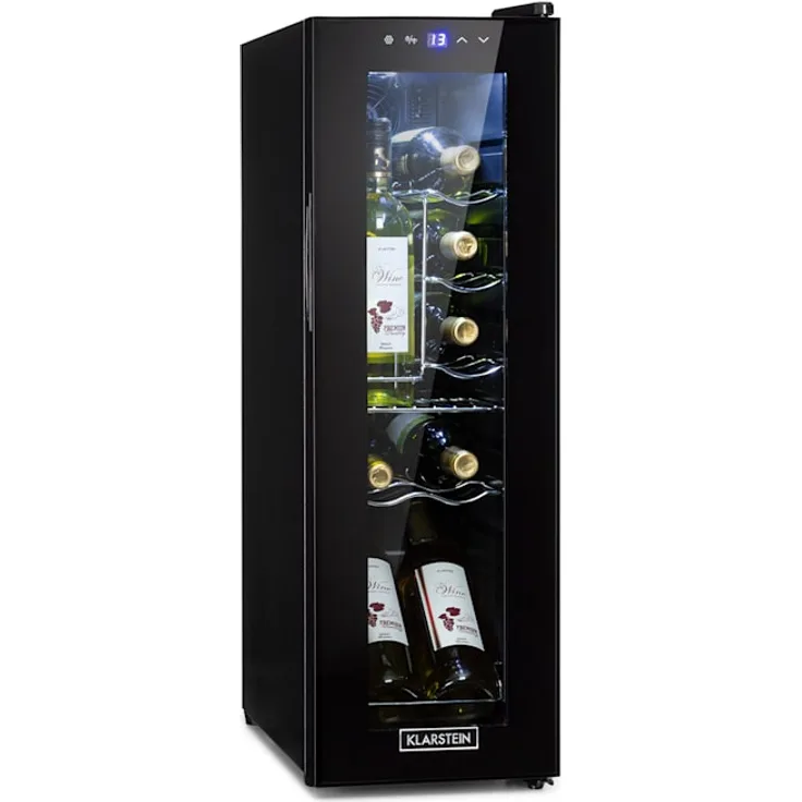 Klarstein Shiraz 12 Slim Uno Weinkühlschrank, freistehend, weiß, 12 Flaschen, Touch, 5 - 18 °C, LED, Energieklasse G