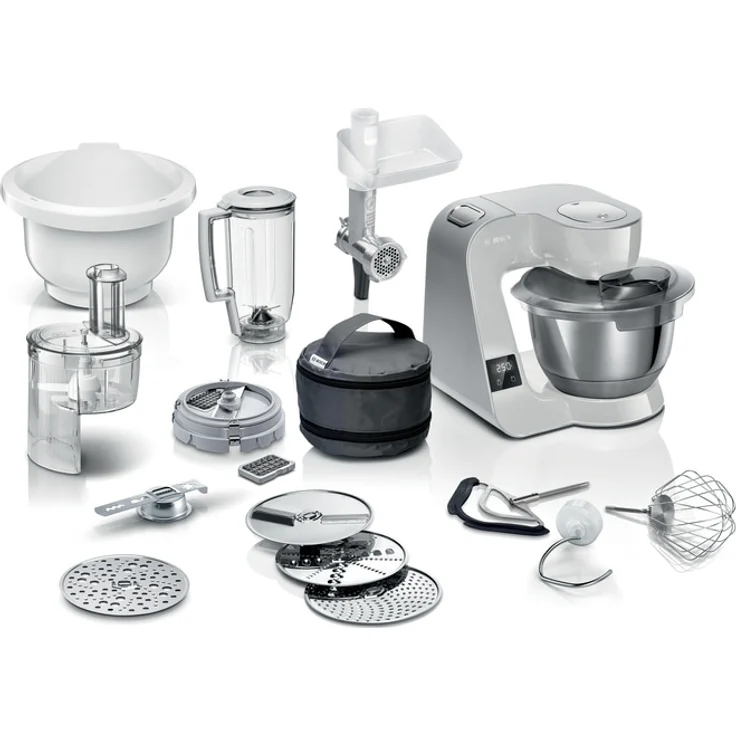 Bosch MUM5XL72 Küchenmaschine 1000 Watt, 3,9 Liter Edelstahlschüssel, integrierte Waage, inkl. Fleischwolf, Spritzgebäckvorsatz, Würfelschneider, Kunststoff Schüssel, grau, silber, Serie: MUM5 – Bild 1