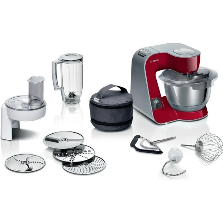 Bosch MUM5X720 Küchenmaschine, 1000 W, 3,9 Liter Edelstahlschüssel, inkl. Integrierte Waage, Standmixer-Aufsatz, rot, silber, Serie: MUM5 – Bild 1