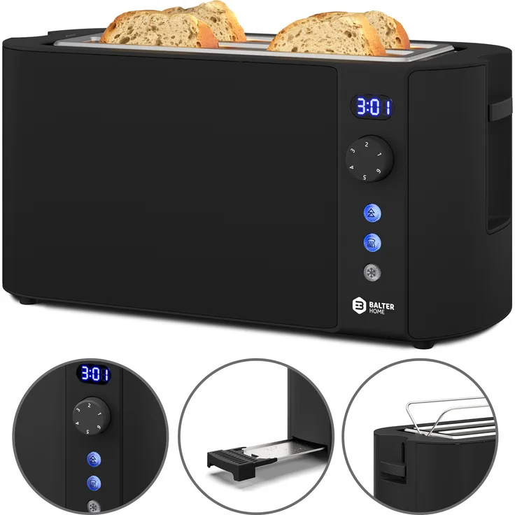 Balter TS-04-LCD 2-Langschlitz-Toaster, 1500 Watt, für 4 Scheiben, Aufwärmen, Auftauen, Display, schwarz