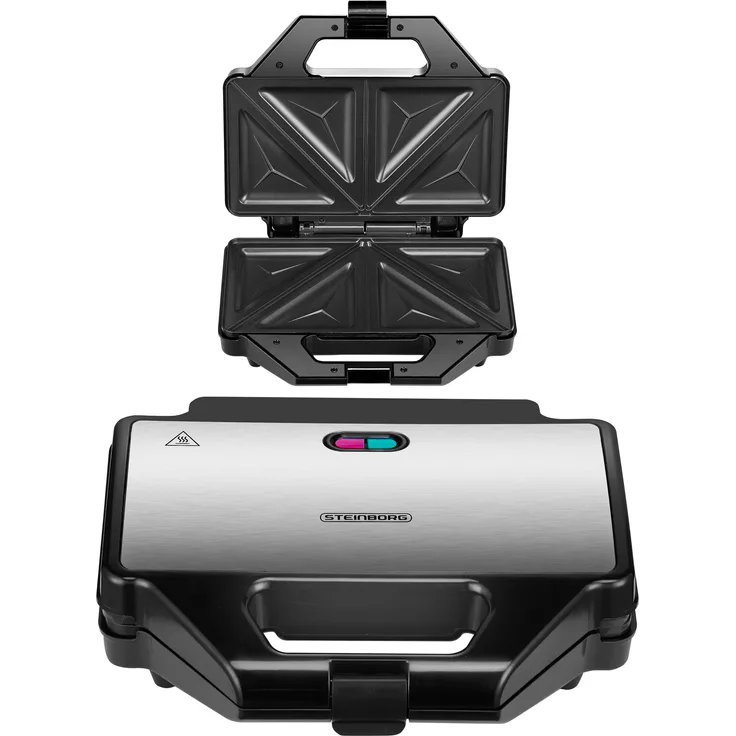 Steinborg SB-2110 Sandwich-Maker, 1200 Watt, für 2 Sandwiches, Thermostat, Backampel, antihaftbeschichtet, Cool-Touch-Gehäuse, schwarz, silber