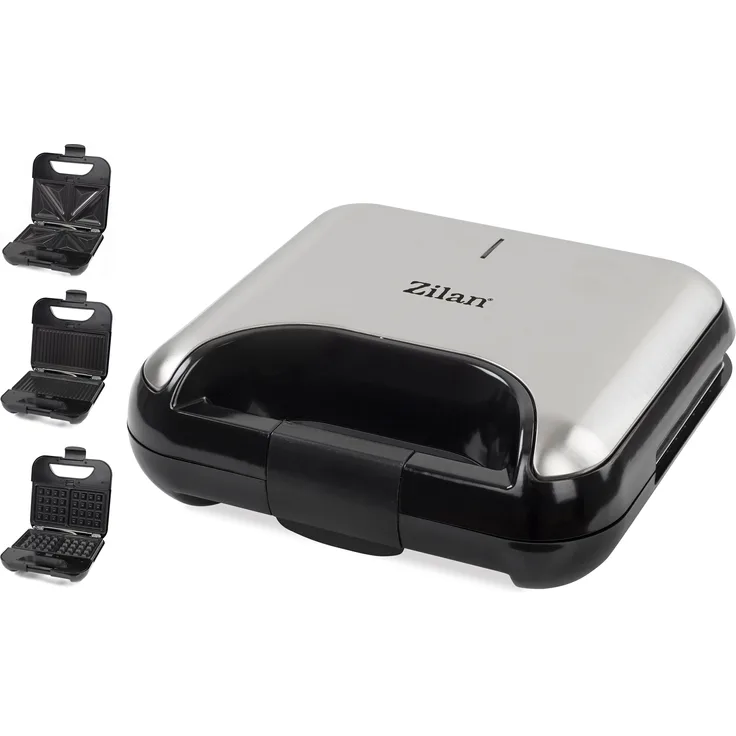 Zilan ZLN-4704 Sandwich-Maker 3 in 1, 800 Watt, antihaftbeschichtet, Anti-Rutsch-Füße, silber, schwarz