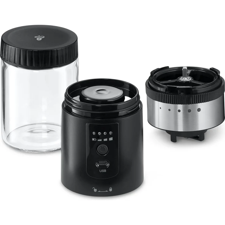 Tchibo akkubetriebene Kaffeemühle, Glas-Auffangbehälter, Edelstahl-Mahlgradring, 5 Mahlgradeinstellungen, Schwarz/Silber – Bild 3